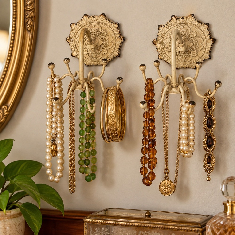 Vintage Inspired Jewelry Rack Ornate Metal Wall Mount Set Cottagecore Victorian
